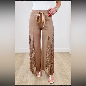 Elegant Tan Lace-Trimmed Wide-Leg Pants